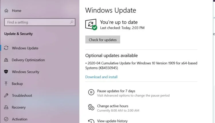 Actualización de Windows 10 KB4550945