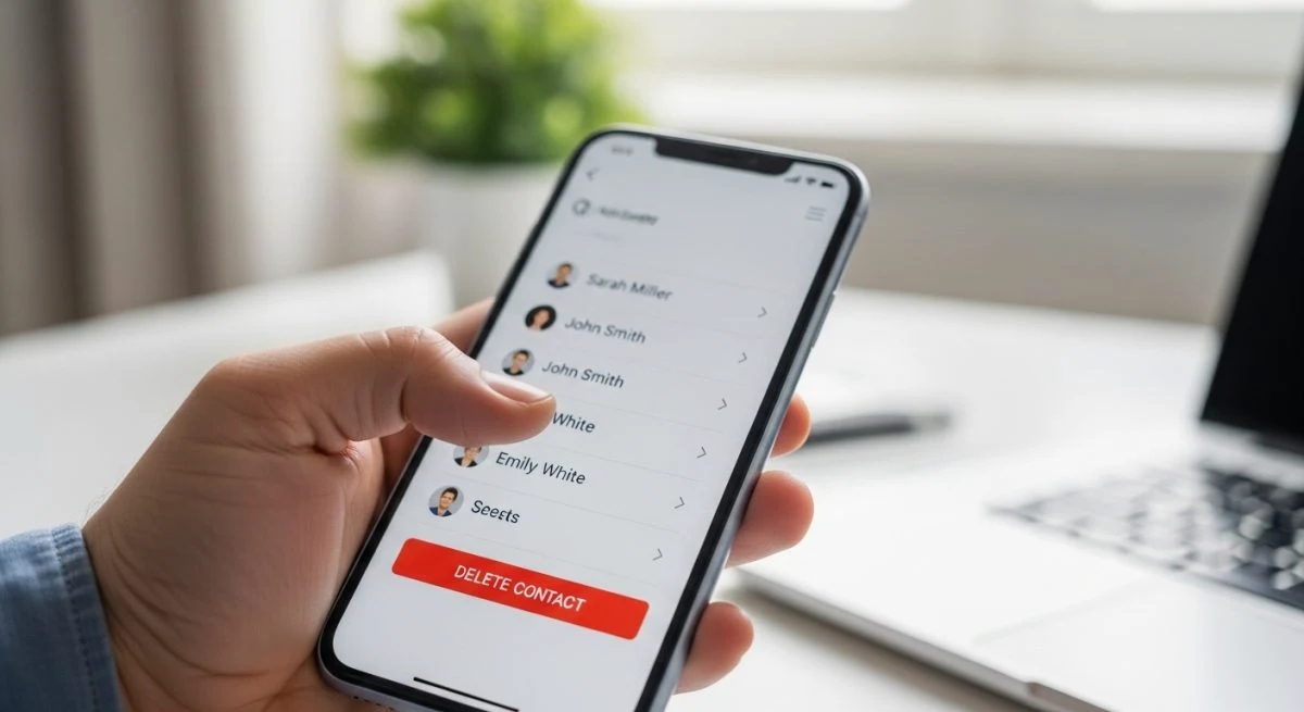 Mano sosteniendo smartphone con app de contactos mostrando botón Eliminar Contacto