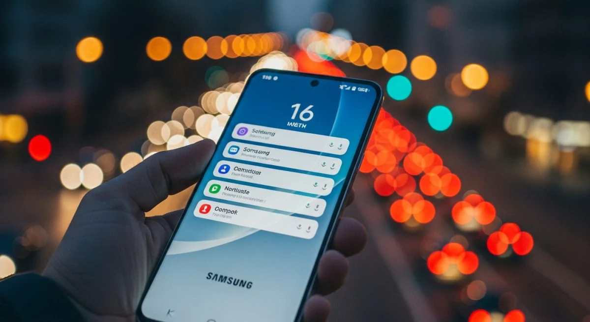 Mano sosteniendo smartphone Samsung con pantalla mostrando notificaciones y logo