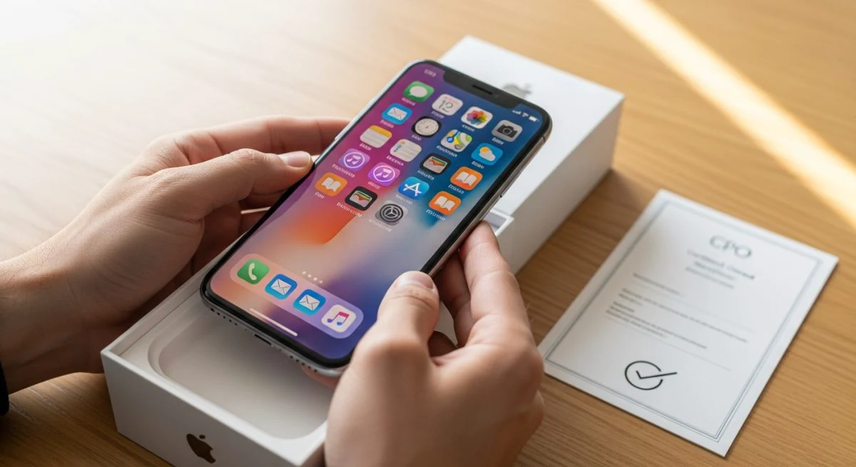 Manos levantando un iPhone nuevo del embalaje CPO blanco