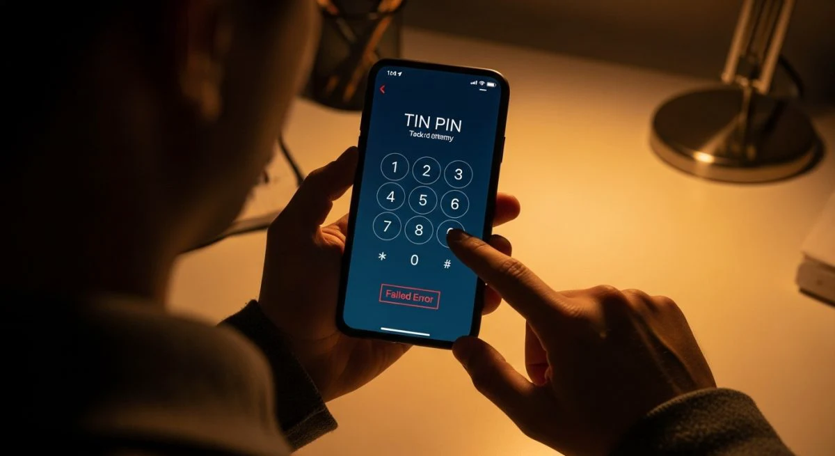 Manos sosteniendo smartphone con mensaje de error sobre ingreso PIN