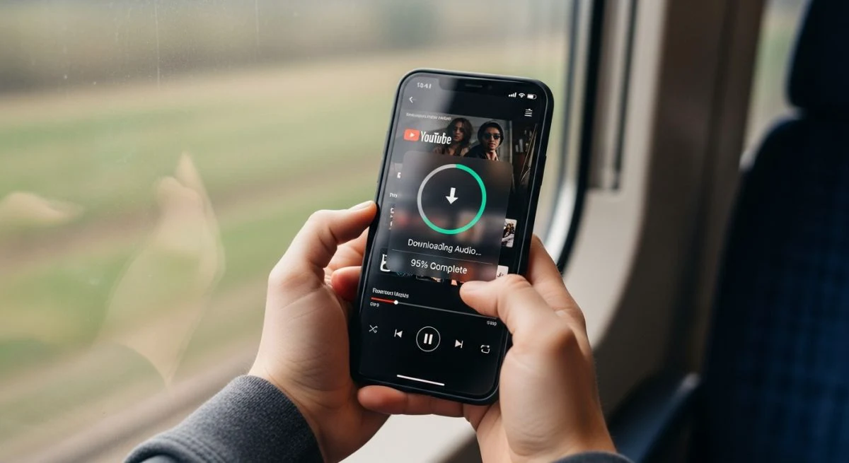Manos sosteniendo smartphone con YouTube y barra de descarga