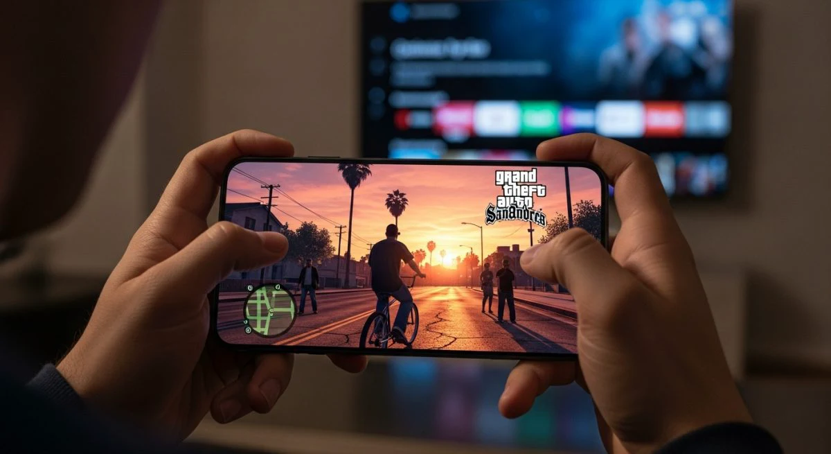Manos sosteniendo un smartphone Android jugando GTA San Andreas