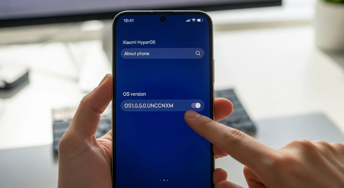 Manos sosteniendo un smartphone Xiaomi señalando la versión del OS
