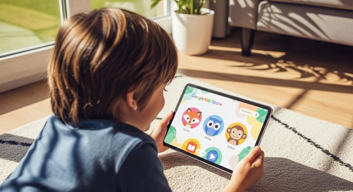 Niño interactuando felizmente con una tablet Android mostrando Google Kids Space