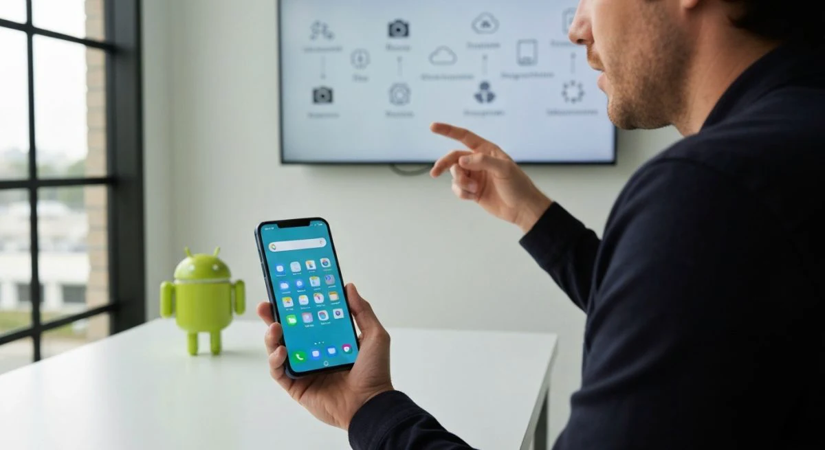 Periodista tecnológico sostiene teléfono Android con pantalla encendida en centro