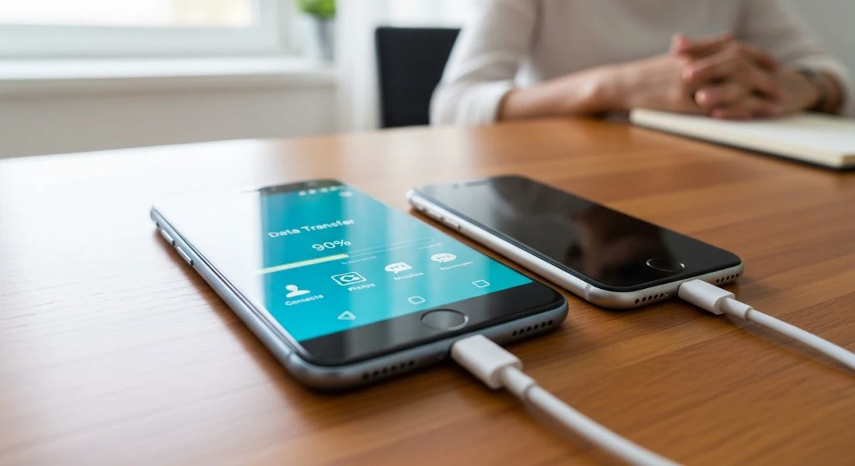 Smartphone Android nuevo junto a iPhone viejo en escritorio moderno