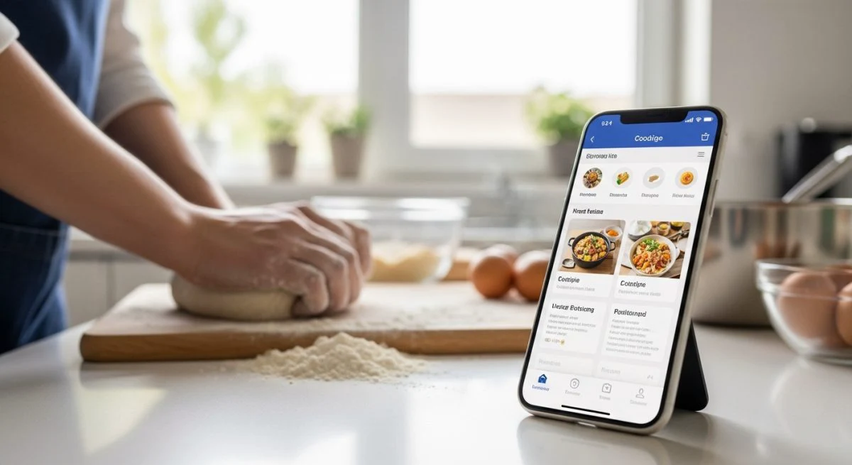 Smartphone con receta de cocina iluminada en moderno mostrador de cocina