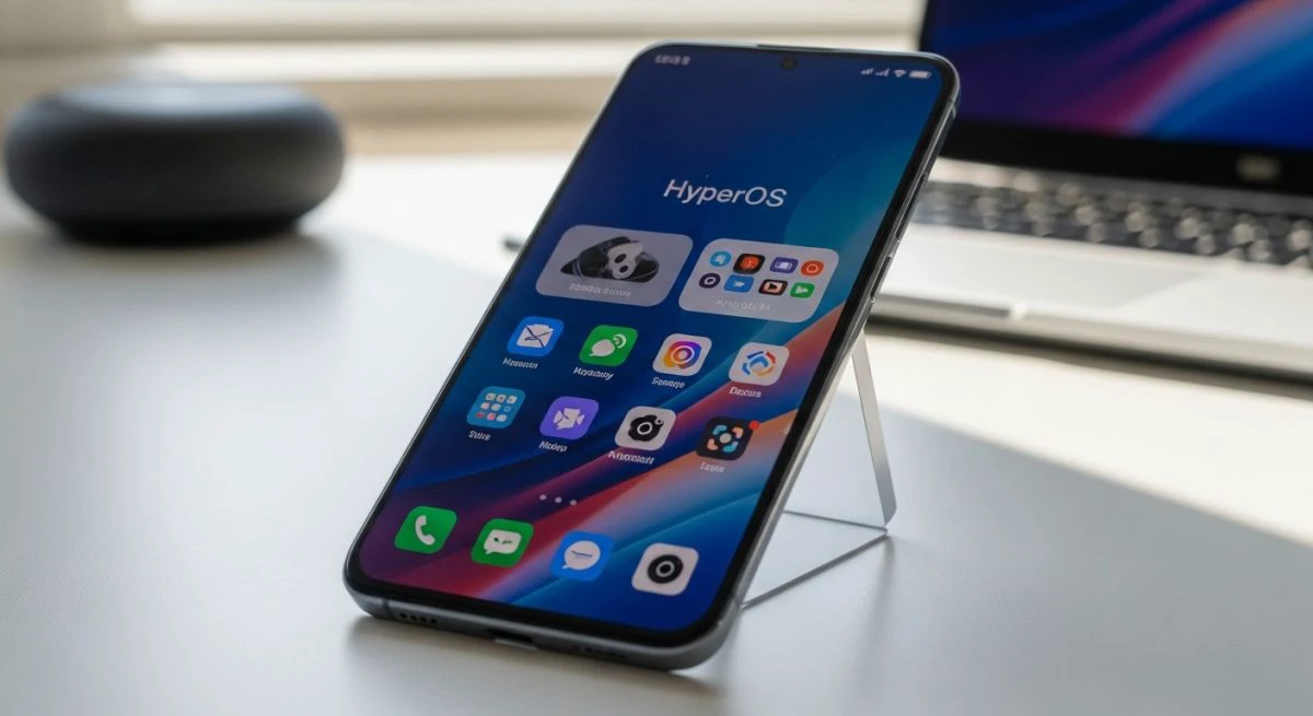 Xiaomi smartphone mostrando HyperOS sobre un escritorio minimalista