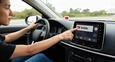Conductor en coche tocando Android Auto YouTube en consola central