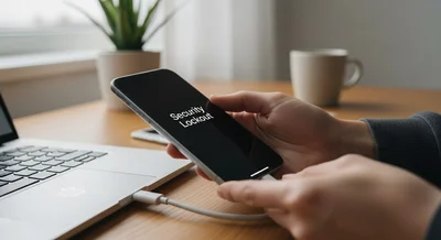 Manos conectando un iPhone con mensaje de bloqueo de seguridad